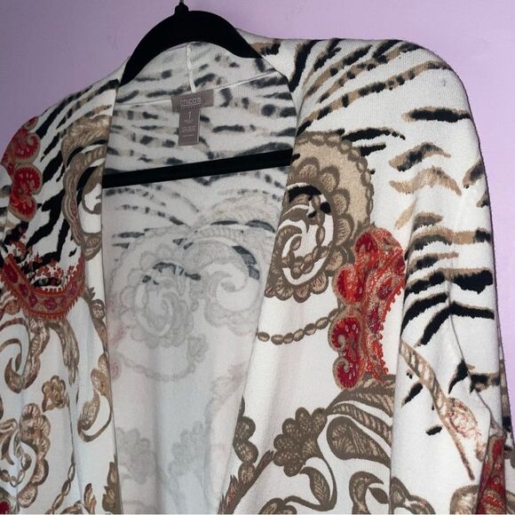 Chico's Size M Cardigan Boho Paisley Animal Print Open Front - Picture 2 of 7